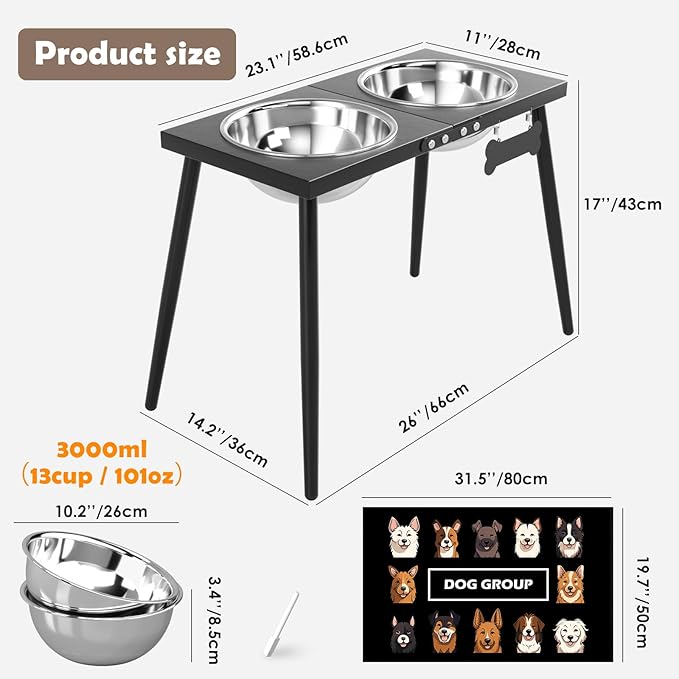 Metal Elevated Dog Bowls, 17in Tall Raised Dog Bowl Stand, Dogs Raised Stand with 3000ml Stainless Steel Bowls and Sprill Proof Mat for Extra Large Breeds