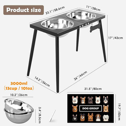 Metal Elevated Dog Bowls, 17in Tall Raised Dog Bowl Stand, Dogs Raised Stand with 3000ml Stainless Steel Bowls and Sprill Proof Mat for Extra Large Breeds