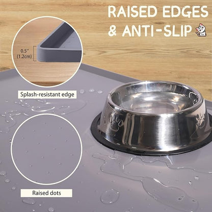 MateeyLife Silicone Cat & Dog Food Mat for Floors Waterproof, Anti-Slip Dog Bowl Mats for Food and Water, Pet Feeding Mats with Lip to Prevent Spills, Pet Placemat for Messy Drinkers to Protect Floors