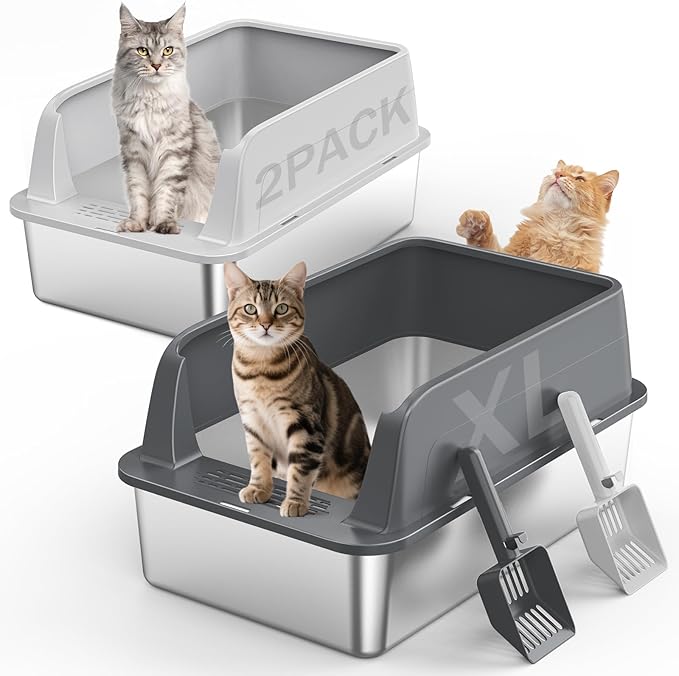 2PACK Stainless Steel Litter Box, Extra Large Litter Boxes for Big Cats, XL Metal Cat Litter Box with Lid High Sides, Anti-Urine Leakage, Non-Sticky, Scoop Included (Multi-Colored, XL)