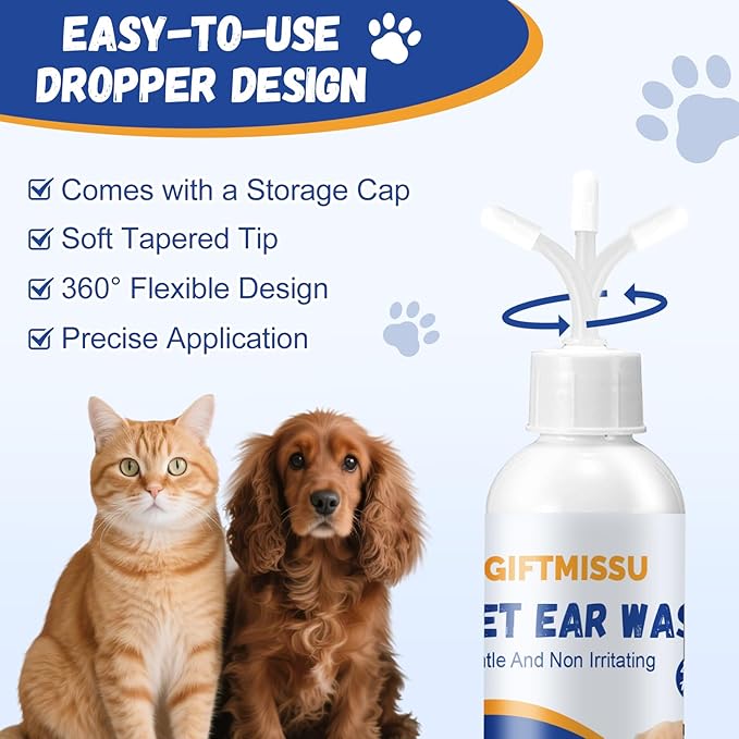 4 fl oz Dog Ear Cleaner Solution, Gentle Ear Wash for Dogs and Cats, Pet Ear Cleaner for Routine Ear Cleaning and Care, Ideal for Regular Pet Grooming Use