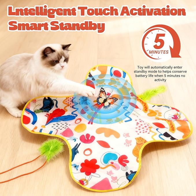 Cat Toys for Indoor Cats, 4in 1 Interactive Cat Toys Rechargeable with Butterfly, Feathers, Setaria Viridis, Real Animal Squeaky, Indoor Kitty Exercise Automatic Pet Toys with 2 Covers for All Breeds