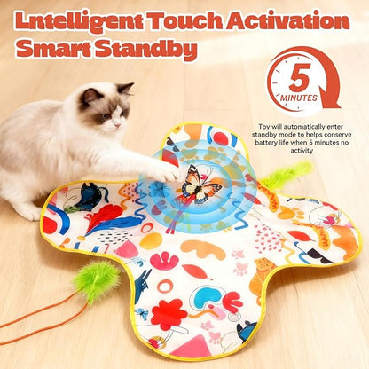 Cat Toys for Indoor Cats, 4in 1 Interactive Cat Toys Rechargeable with Butterfly, Feathers, Setaria Viridis, Real Animal Squeaky, Indoor Kitty Exercise Automatic Pet Toys with 2 Covers for All Breeds