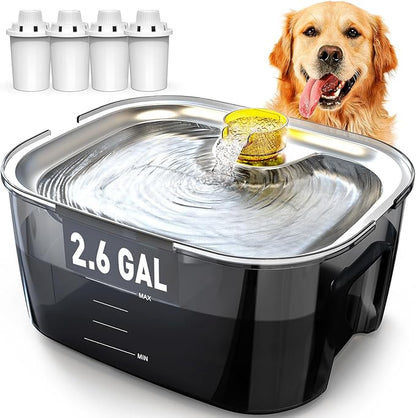 2.6 Gallon Dog Water Fountain – Stainless Steel 10L Pet Fountain Cat Fountain Dog Bowl Dispenser 338oz Capacity for Multi Pet Homes 4 Filters with 7 Layer Dual Filter System Ultra Quiet Pump