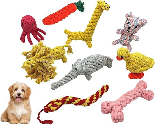 Dog Chew Toys for Small and Medium dogs, Animals and Fruits Shapes Cotton Rope Toys for Aggressive Chewers, Handwoven Interactive Dog Toys for Tug of War, Dental Health, Cleaning (9Pcs, Animals)
