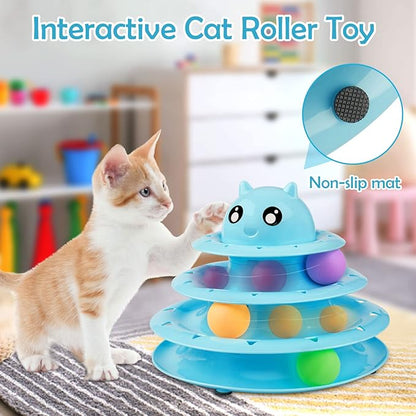 UPSKY 20 PCS Cat Toys - 3-Level Turntable Roller with Balls for Indoor Cats, Kitten Set with Teaser, Mice, Spring, and Various Ball Toys