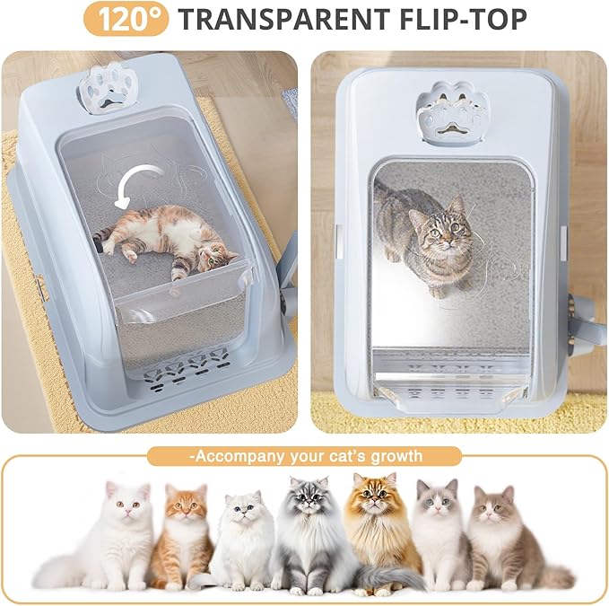 Stainless Steel Cat Litter Box Fully Enclosed, Extra Large Metal High Sided Cat Box with 120° Fully Transparent See-Through Flip Lid, Scoop & Mat - Grey - XL