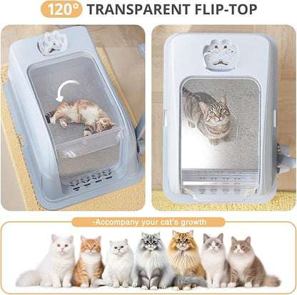Stainless Steel Cat Litter Box Fully Enclosed, Extra Large Metal High Sided Cat Box with 120° Fully Transparent See-Through Flip Lid, Scoop & Mat - Grey - XL
