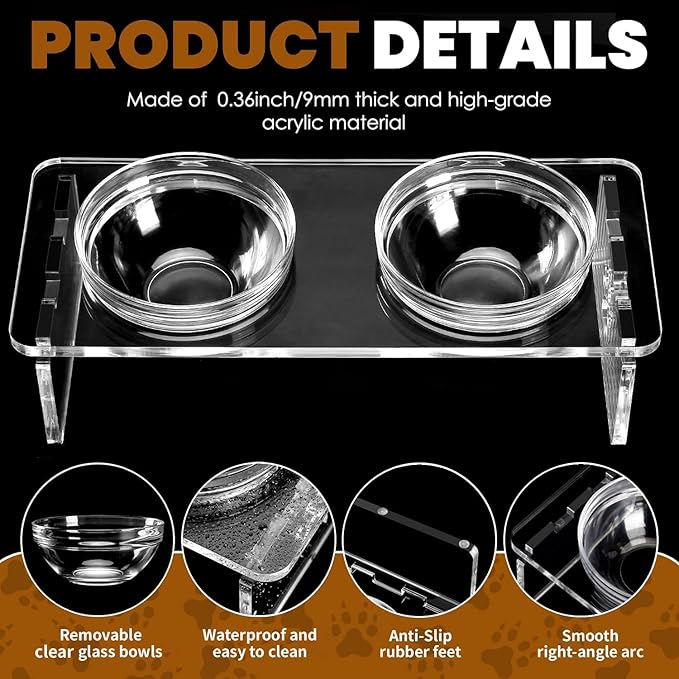 Elevated Dog & Cat Bowls – 3.75” Acrylic Raised Pet Feeder Stand with 2 Stainless Steel & 2 Glass Bowls – Food & Water Dish Set for Puppy/Small Dogs & Cats
