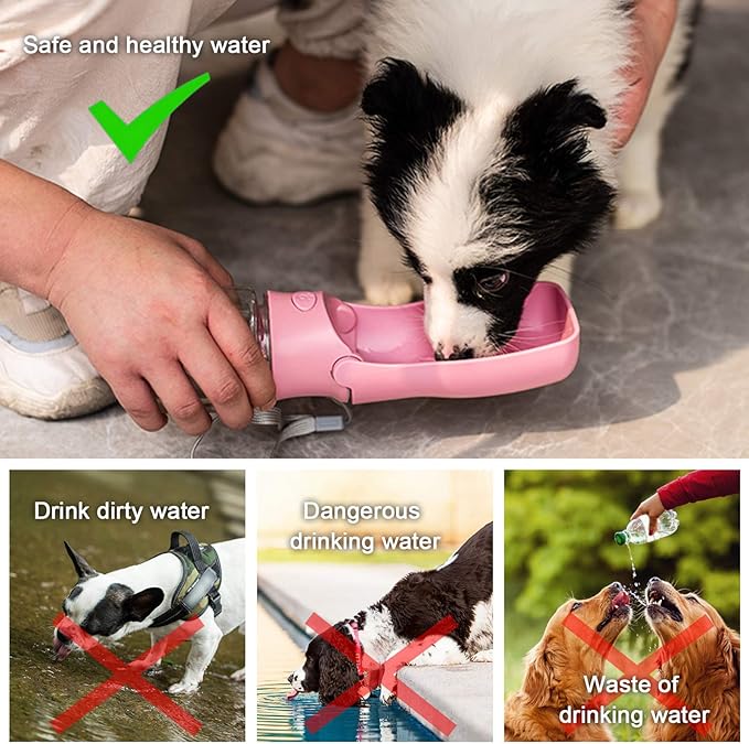 Foldable Dog Water Bottle, 2in1 Portable Leak Proof Puppy Drinking Bottle Dispenser for Puppy Small Medium Large Dogs, Dishwasher Safe Pet Accessories for Outdoor Traveling (Pink,12oz)