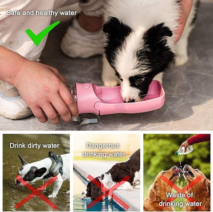 Foldable Dog Water Bottle, 2in1 Portable Leak Proof Puppy Drinking Bottle Dispenser for Puppy Small Medium Large Dogs, Dishwasher Safe Pet Accessories for Outdoor Traveling (Pink,12oz)