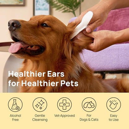 HICC PET Ear Cleaner Wipes for Dogs & Cats, Vet-Recommended Dog Ear Infection Treatment to Relief Itching & Inflammation, Remove Wax, Dirt & Stop Smelly, Cleaning Deodorizing Wipes 100ct(Honey Scent)