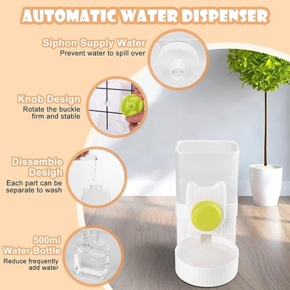 Automatic Replenish Pet Waterer, 1L Capacity Auto Siphon Gravity Cage Hanging Water Dispenser Set for Dog and Cat Small Animals, Removable Pet Water Bottle Water Container (Waterer, Green)