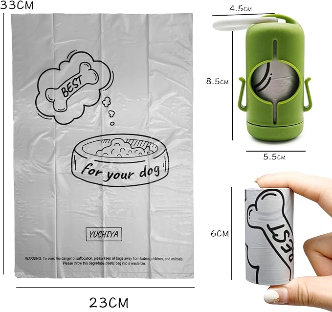 Dog Poop Bag Holder with Leash Clip, Adjustable Strap & 2-Side Hooks for Used Dog Waste Bags (Green)