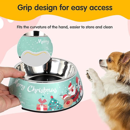 Christmas Xmas Pet Dog 2 in 1 Food Water Bowls - Non Slip Skid Proof Heavy Duty Pet Cats Dog Food Water Bowls for Feeding Medium Dogs -Green Christmas-M