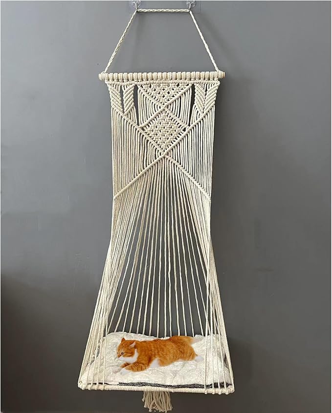 Macrame Hanging Cat Hammock Bed Cat Swing House Space Saving Window Perch with Washed Cotton Cats Toy Tassel Basket Tapestry (Beige, Swing Bed+Cushion, XL)