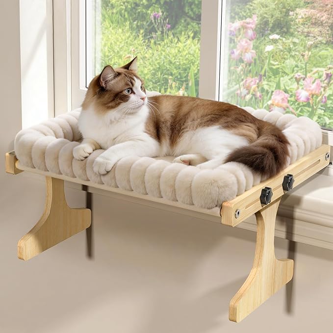 Cat Perch for Window XiaZ Cats Hammock Indoor Cat Bed for Window Adjustable Wooden Frame W/Soft Warm Plush-Lined Cushion Perfect for Bird Watching Sunbathing Space-Saving Easy Install Single Layer