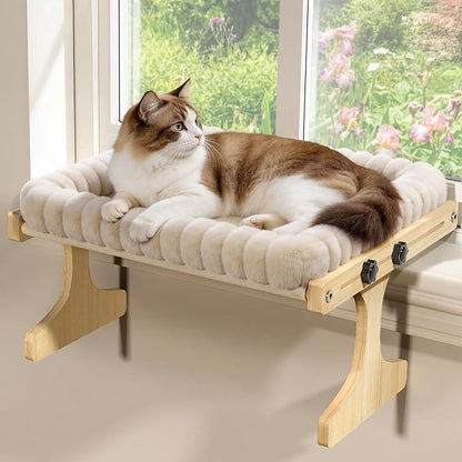 Cat Perch for Window XiaZ Cats Hammock Indoor Cat Bed for Window Adjustable Wooden Frame W/Soft Warm Plush-Lined Cushion Perfect for Bird Watching Sunbathing Space-Saving Easy Install Single Layer