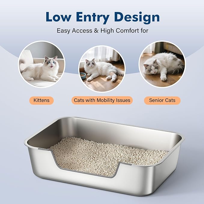 Stainless Steel Cat Litter Box with Low Entry, Metal Kitty Litter Box for Senior or Injured Cats, Odor-Free, Non-Stick, Easy to Clean, 17.5"x13.6"x5.9", Litter Pan for Medium and Small Cats