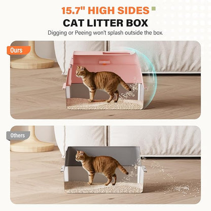 Removable Stainless Steel Cat Litter Box with lid, Front & Top Entry Kitty LitterBox，Cat Litter Box Enclosure, XL Extra Large High-Sided Metal Cat Box with Scoop, Mat, Footboard (Pink)