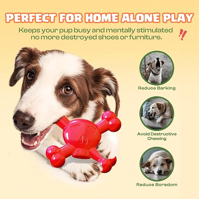 Dog Toys for Small Dogs, Skull-Shaped Small Dog Toys for Puppies, Durable Natural Rubber Puppy Chew Toys with Bacon&Milk Flavor, Indestructible Dog Toy, Red