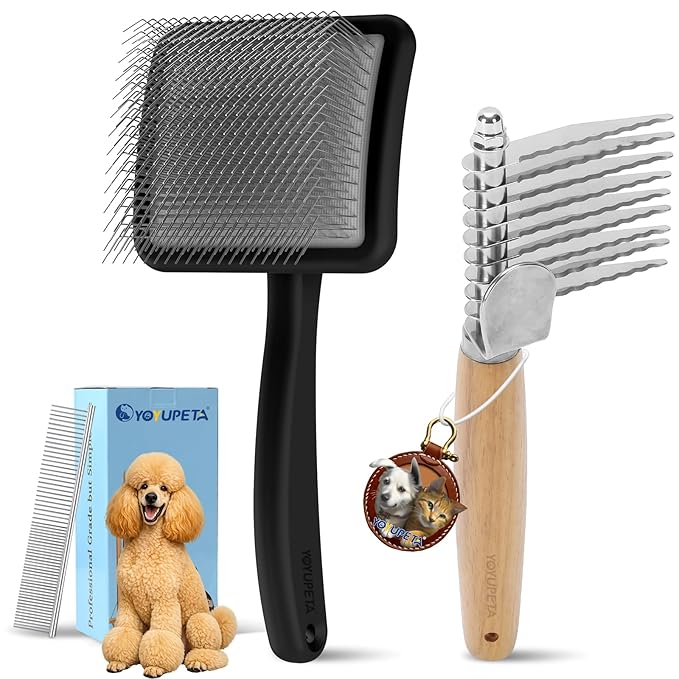 Large Slicker Brush for Dogs - Long Pin Deshedding Brush for Mats & Shedding on Long Haired Dogs, Doodles, Poodles, Goldendoodle, Labradoodle, 3pc Grooming Kits with Wooden Handle, Black