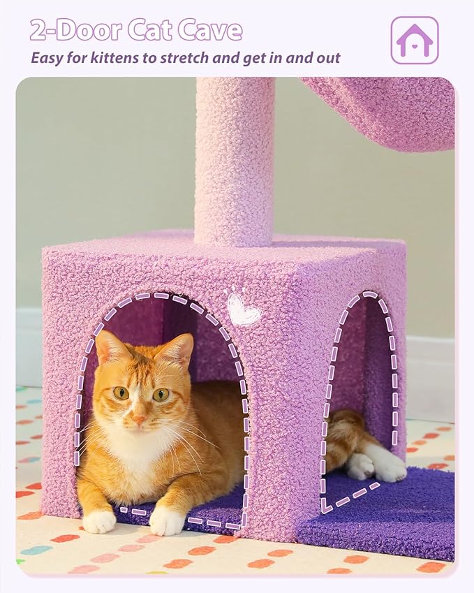 Purple Flower Cat Tree for Small Indoor Cats w/Large Metal Frame Hammock, 35" Cute Cat Tower with Sisal Scratching Posts, Cozy Condo with Cloud White Bed for Kittens