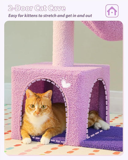 Purple Flower Cat Tree for Small Indoor Cats w/Large Metal Frame Hammock, 35" Cute Cat Tower with Sisal Scratching Posts, Cozy Condo with Cloud White Bed for Kittens