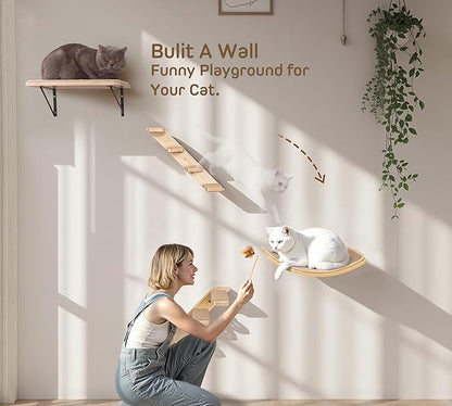 Wall Mounted Cat Shelves Stairs Set, 4 Piece Wood Cats Wall Furniture with Sisal Cat Window Perch, Flat Perch & Dual 4-Step Ladders for Climbing & Scratching