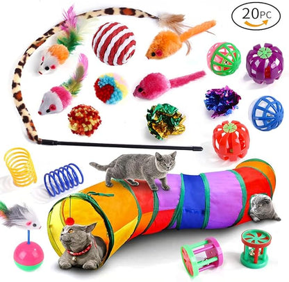 Cat Toys 20 Pcs,Kitten Toys for Indoor Cats, Pet Play Tunnel and Tube Toy,Cat Tunnel Interactive Feather Teaser Wand Ball Toy Set for Kitty and Cats (20PCS)