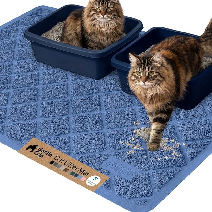GORILLA GRIP Cat Litter Box Mat, 47x35, Cushioned Coil Mesh Litter Trapping Mats, Scatter Control Supplies for Less Mess, Phthalate Free, Ultra Deep Catch Grooves, Rinse or Vacuum to Clean, Navy Blue