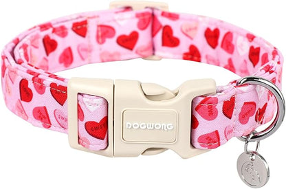 DOGWONG Valentine's Dog Collar - Pink Heart Adjustable Cotton Heart Dog Collar - Perfect for Extra Large Dogs