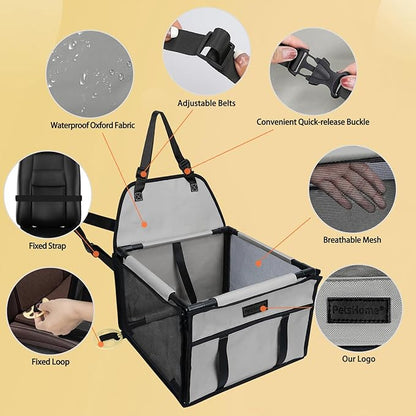 PetsHome Dog Car Seat Foldable Dog Car Booster Seat Waterproof Breathable Oxford Travel Bag for Small to Medium Dogs, Puppies, and Pets-Pure Grey-Upgrade