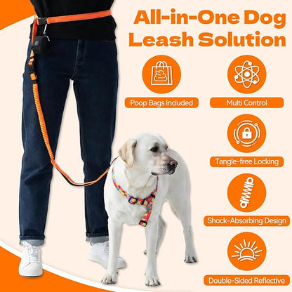 6-in-1 Hands-Free Dog Leash, Waist & Crossbody Bungee Lead with Dual Padded Handles, Bungee Shock Absorbing, Seat Belt Buckle, Reflective for Small Medium Large Dogs, Orange