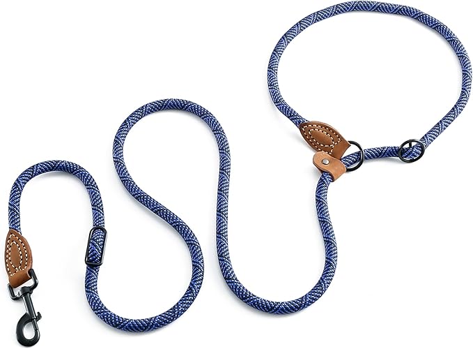 Mile High Life Hands Free Dog Leash, Crossbody Waist Leash with Genuine Leather Connection, Multifunctional Adjustable Slip Lead for Dog Walking Running (Blue, 7FT)