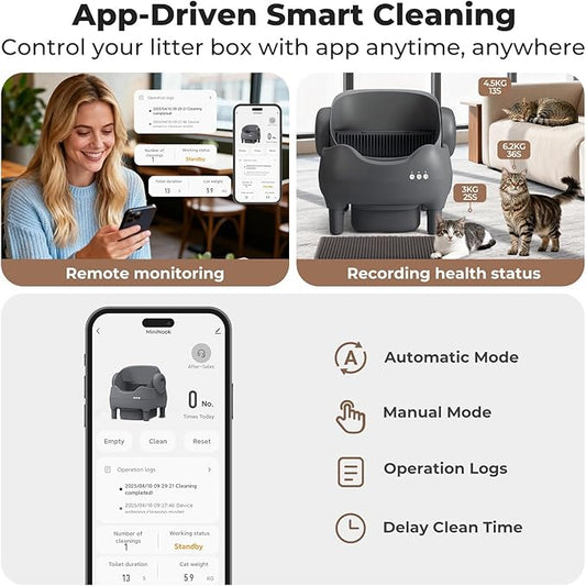Self Cleaning Litter Box, Automatic Cat Litter Box with APP Control, Odor-Free Waste Disposal Includes Trash Bags, Large Waste Bin, Open-Top, for Multiple Cats