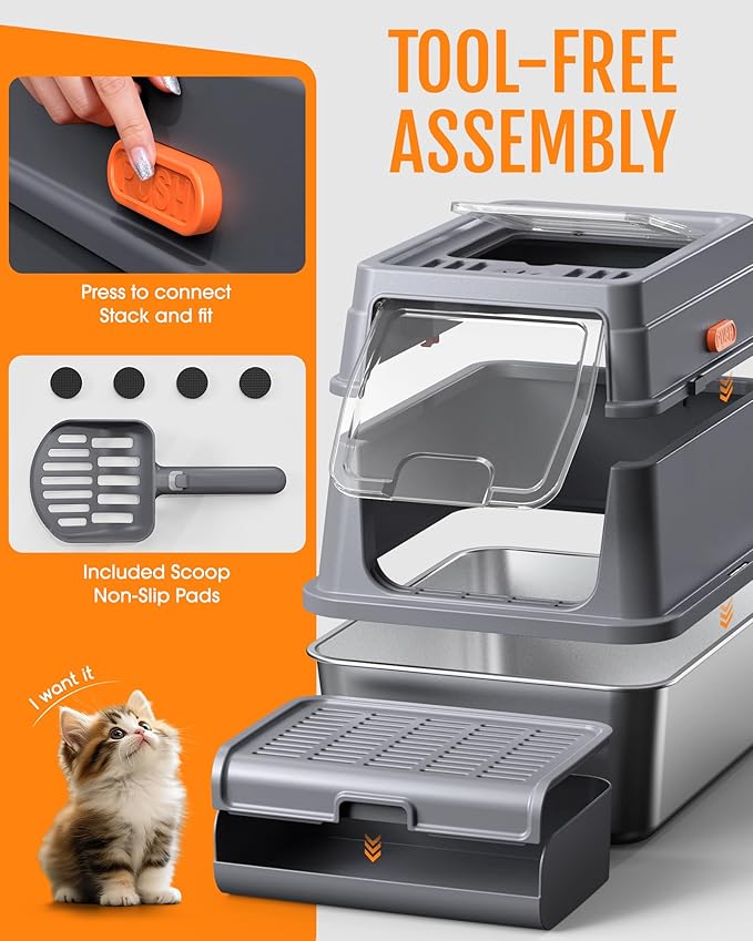 Cat Litter Box - Stainless Steel Litter Box with Lid for Kitty, Metal Base Enclosed Cat Box with Litter Scoop, Elevated Step Box, Activated-Carbon Pack, 17.1" x 13.2" x 15", Grey