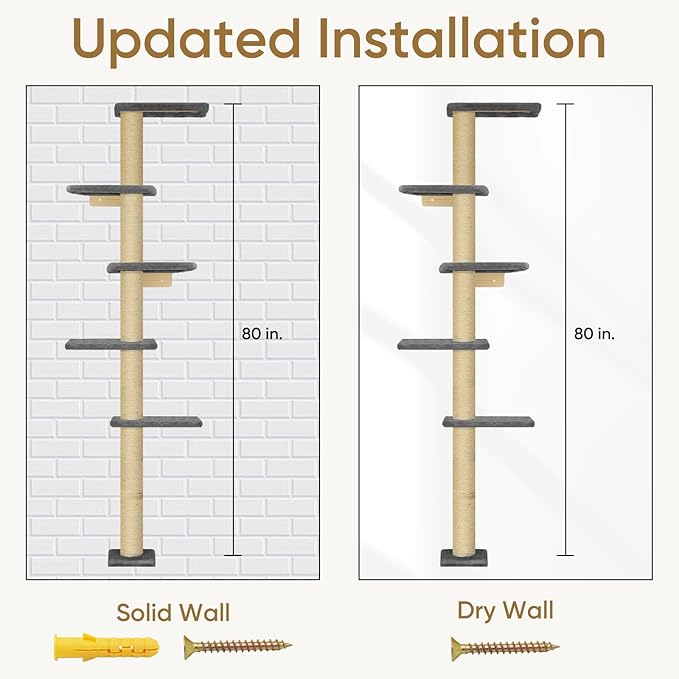 PAWSCRAT Wall-Mounted Cat Tree, 5 Tier Floor to Ceiling Cats Tower, 80 Inch Wall-Mounted Cat Scratching Post, Space Saving Cat Furniture and Easliy Climb for All Cats, Darkgery
