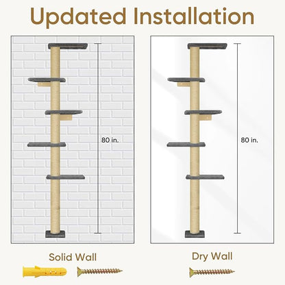 PAWSCRAT Wall-Mounted Cat Tree, 5 Tier Floor to Ceiling Cats Tower, 80 Inch Wall-Mounted Cat Scratching Post, Space Saving Cat Furniture and Easliy Climb for All Cats, Darkgery