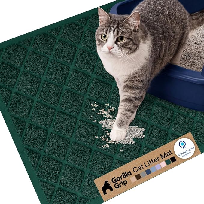 GORILLA GRIP Cat Litter Box Mat, Cushioned Coil Mesh Litter Trapping Mats, Scatter Control Supplies for Less Mess, Phthalate Free, Ultra Deep Catch Grooves, Rinse or Vacuum to Clean 24x17 Hunter Green