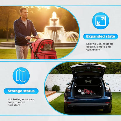 BestOffice Pet Stroller for Small Medium Dogs & Cats, 4-Wheel Foldable Dog Stroller with Cup Holder, Lightweight Travel Carrier, Waterproof Design for Outdoor Walks, Red
