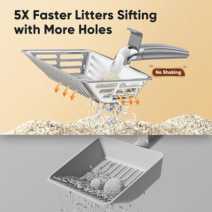 Metal Cat Litter Scoop, Large Cat Scooper with Deep Shovel & Dual Sifting Holes for Fast & Precise Sifting, Space Aluminum Kitty Litter Scooper with Long Handle & Easy-to-Hang Hook - Grey