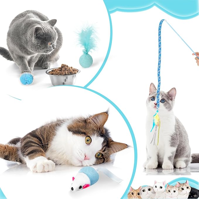 24 Pcs Cat Toys Set Interactive Kitten Toys Pack Including Collapsible Play Tunnel Feather Teaser Wand Fuzzy Ball Springs Pillow Mouse Bells for Indoor Cats Puppy(Blue,Classic)