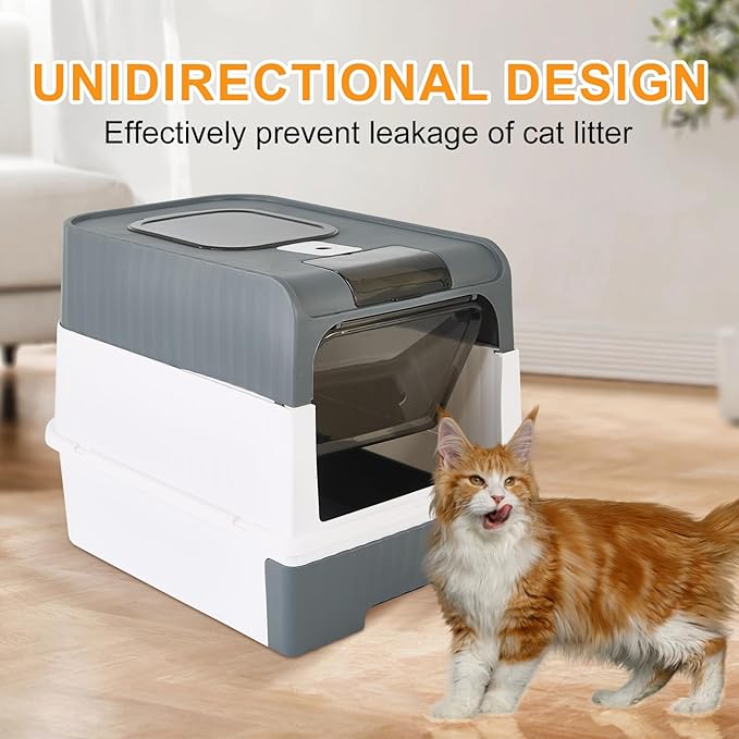 Cat Litter Box with Litter Mat, 18"x14"x13" Large Litter Box for Big Cats, Enclosed Removable Litter Boxs, Front Entry Top Exit Kitty Box, Odor Control, Easy to Clean (Grey)