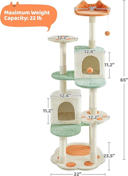Yaheetech 65in Cat Tree, Cat Tower with Heart-Shaped Platform, Hanging Ball, Double Condos, Scratching Posts for Indoor Cats, Cat Climbing Frame Bed Furniture, Beige & Green & Orange