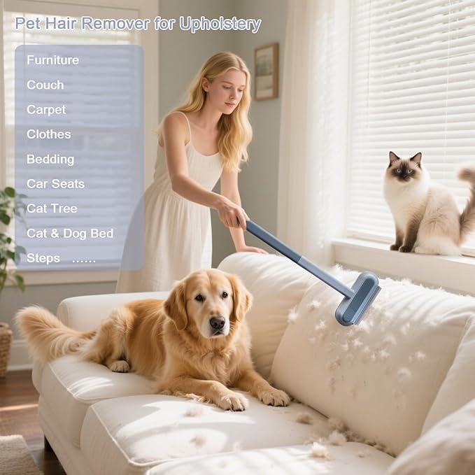 Pet Hair Remover for Furniture, Reusable 17-Inch Multifunctional Cat and Dog Hair Removal Tool, Extra Long Handle, Gentle on Couch, Carpet, Clothes, Bedding, Tile, Car Seats