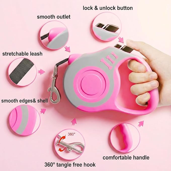 Retractable Dog Leash Lightweight 10/16FT Leash with Non-Slip Handle, for Small Medium Dogs (Gray Pink, 16 FT)
