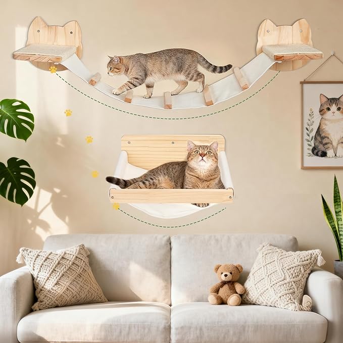 Cat Wall Shelves and Hammock Set, Cat Bridge Wall-Mounted with Climbing Steps and Sisal Roped Scratch Perch, Multi-Level Cats Walls Furniture Bed for Indoor Cats