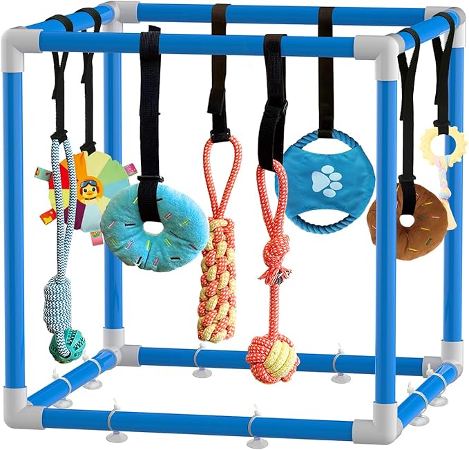 Puppy Play Gym with 8 Hanging Toys Interactive Puppy Toys for Small Breed Indoor Play Gym for Boredom Enrichment Activity Teething PVC Frame Stretchy Rope with Velcro (Blue)