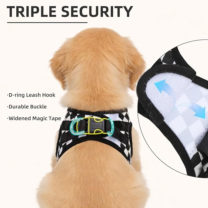 PUPTECK Adjustable Dog Harness Collar and Leash Set Step in No Pull Pet Harness for Small Medium Dogs Puppy and Cats Outdoor Walking Running, Checkered Black&White L
